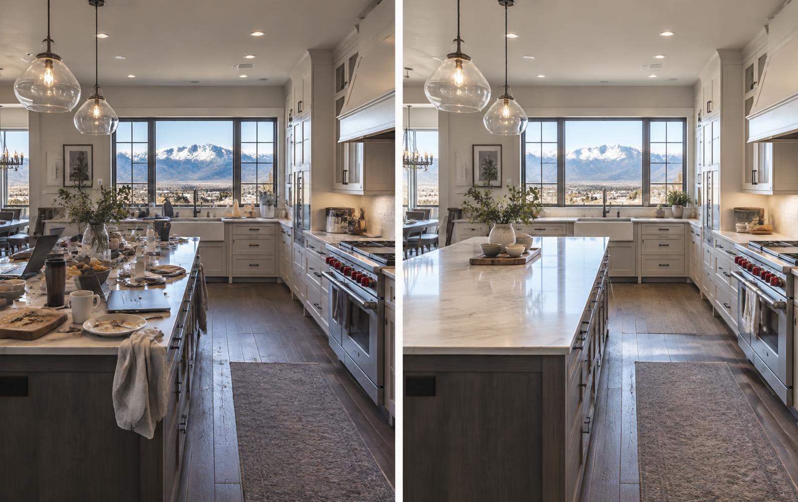 Kitchen before and after professional cleaning